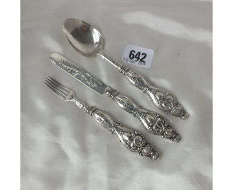 Early Victorian three piece christening set on knife, fork and spoon, B’ham 1850 by G. Unite     