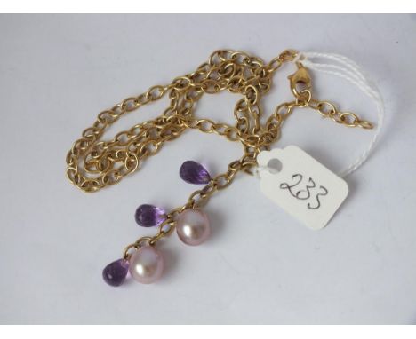 9ct necklace with pearl &amp; amethyst drops 12.9g   
