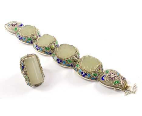 A Chinese silver and enamel bracelet and matching ring set with jade plaques