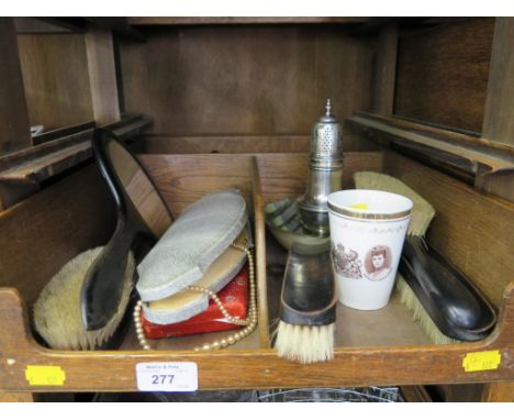 A stained wood dressing table set, two pairs of imitation pearl necklaces and other items