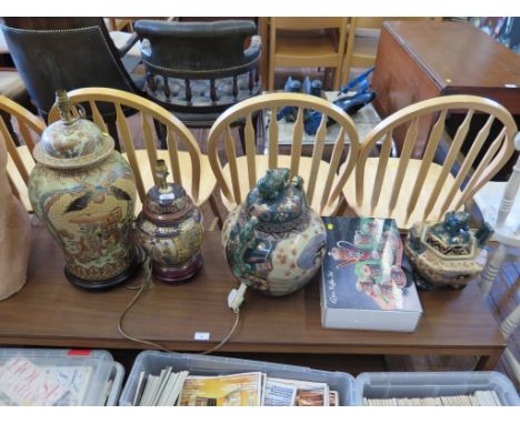 A Chinese Satsuma style baluster vase table lamp, 48cm high and another 30cm high, two jars and covers and a tea set