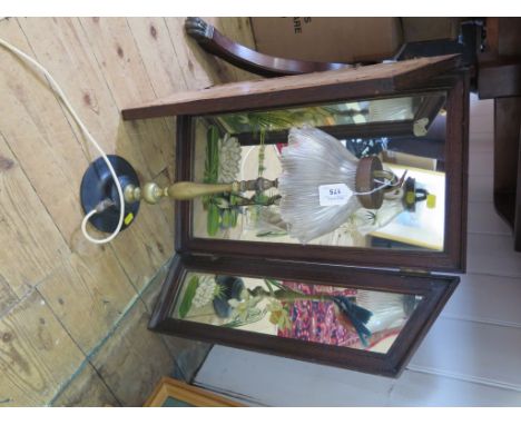 An Edwardian brass table lamp, converted from gas, 50cm , and a painted triptych mirror