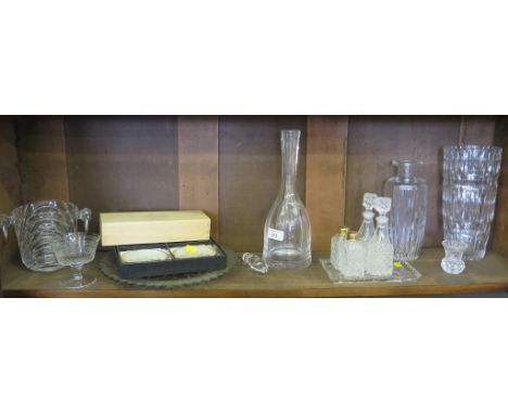 A glass mallet shape decanter, glass vases, ashtrays and other glassware and a Royal Selangar pewter paper knife