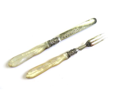 A Victorian child's silver knife and fork with mother of pearl handles, maker George Unite Birmingham 1868