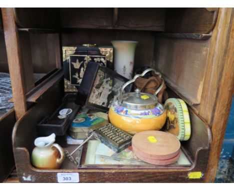 A Minton blue and white tile, cork diorama, and other ornaments