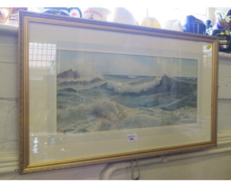 C.O.E. Seascape depicting rolling waves breaking on rocks with seagulls watercolour initialled,  24cm x 52cm