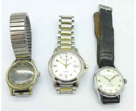 Three wristwatches, Vogis, Crescent and Rotary