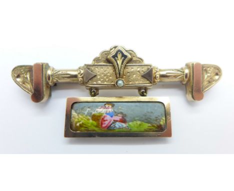 An enamel and seed pearl brooch with painted plaque drop, possibly French
