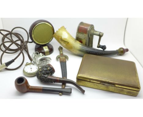 A Grundig Bakelite microphone, State Express cigarette case, dagger letter opener, pipes, pencil sharpener and two pocket wat