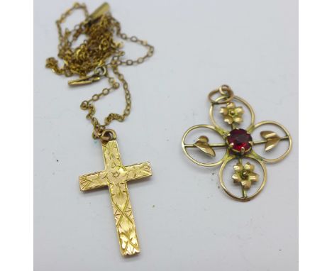 9ct gold jewellery; two pendants and a chain, 2.9g