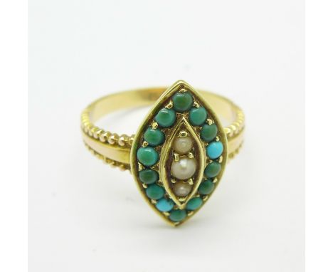 An 18ct gold, seed pearl and turquoise set ring, some stones replaced, 3.3g, M