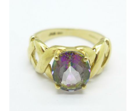A 9ct gold and mystic topaz ring, 3.4g, L