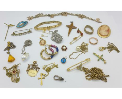Vintage jewellery including rolled gold and cameo brooch