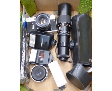 A Zenit camera and lens including Prinz Galaxy and flash guns, etc.