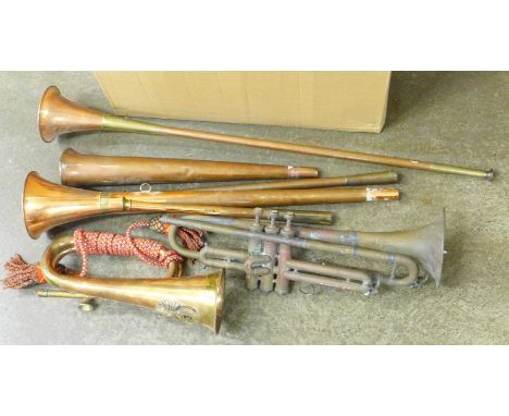 A Royal Welsh Fusiliers bugle, three horns and a trumpet, a/f