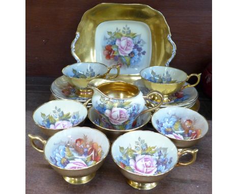 An Aynsley six setting tea service, signed Bailey. Condition Report: All gilding has some light surface scratches, the saucer