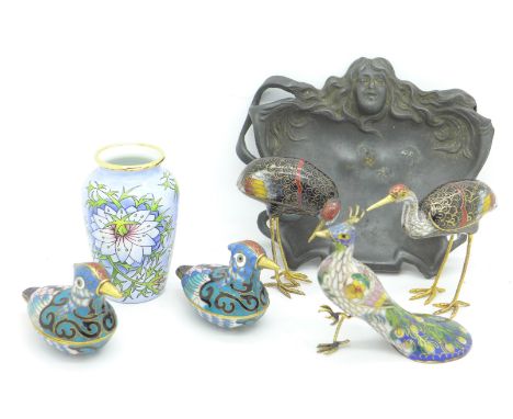 A small metal Moorcroft vase, three enamelled birds, two enamelled bird trinket boxes and an Art Nouveau dish