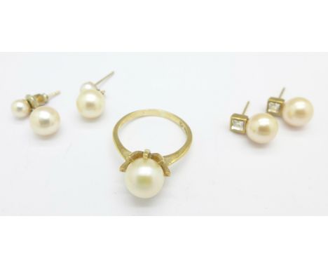 A 9ct gold and pearl ring, 2.9g, N, and two pairs of earrings, lacking fasteners