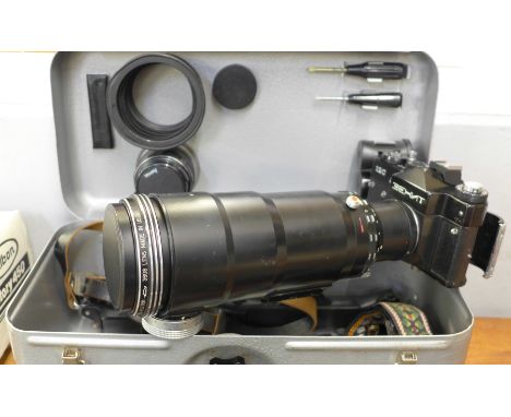 A Russian 35mm film camera, Tair 3-Phs 4.5/300 3608 lens in a metal case, Velbon tripod, boxed