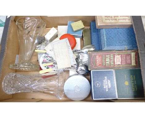 Five cased sets of cutlery, Wedgwood and Royal Worcester china, two glass vases, costume jewellery and a world time travel cl