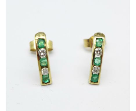 A pair of 9ct gold, emerald and diamond earrings