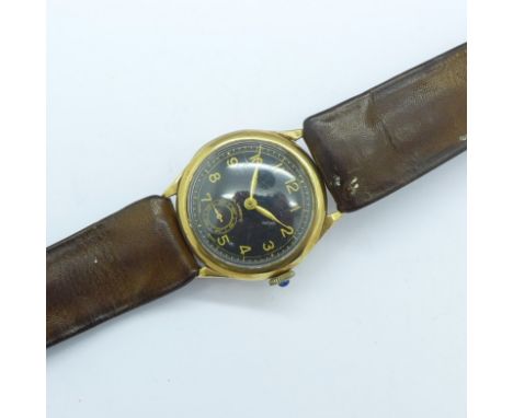A gentleman's 9ct gold cased wristwatch with black dial, 28mm case