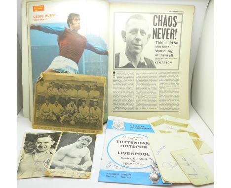 Football and cricket autographs including Stanley Matthews, Stan Mortenson and Len Hutton, and a 1970 World Cup souvenir