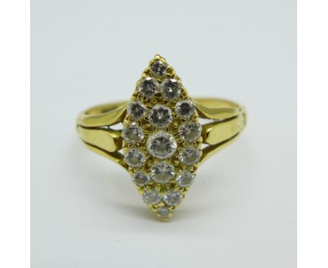 An 18ct gold, navette shaped diamond ring, 3.3g, R