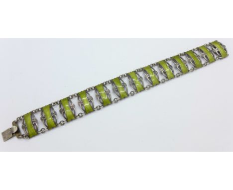 A silver and lime green enamel bracelet, marked Norway 830 Sterling