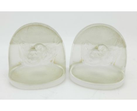 Two Lalique glass menu holders, signed R. Lalique, small chip to base of one menu holder