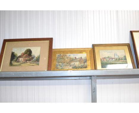 A Coloured print depicting a country cottage, watercolour study depicting figure by country cottage and a watercolour study o
