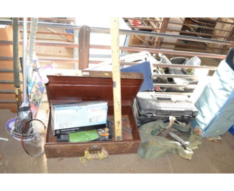 A metal box and contents together with a tool box; a bag of tools; tile cutter etc
