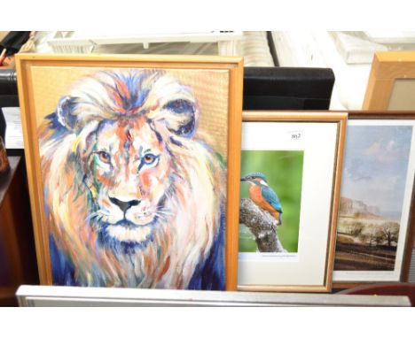 An oil on canvas entitled "Aslan"; a Roland Hilder print and a photographic print of kingfishers 