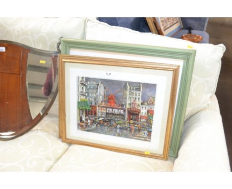 A framed and glazed print depicting a landscape together with two prints depicting Paris