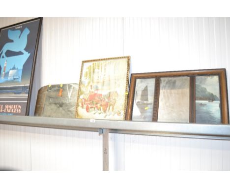 A frameless bevel edge wall mirror, a wall mirror, flanked by two prints and a print "Southwold Fine Ales and Stout"