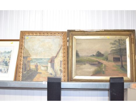 A gilt framed oil on board study of seascape an Arthur Jones oil on board study of a river scene