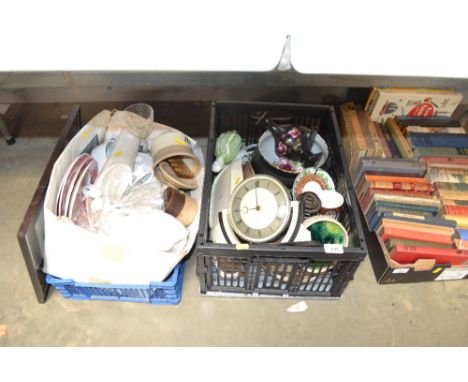 Two boxes containing Art Deco style clock, various glass and china, print etc.