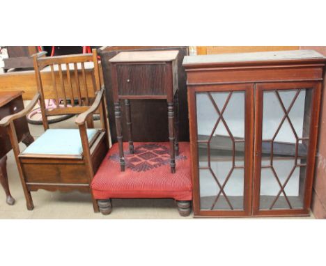 A commode elbow chair together with a Victorian mahogany pot cupboard, an upholstered low stool and an Edwardian mahogany boo