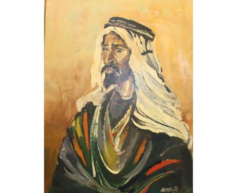 HaymanHead and shoulders portrait of an ArabOil on boardSigned and dated 74Together with assorted pictures, a stained glass p