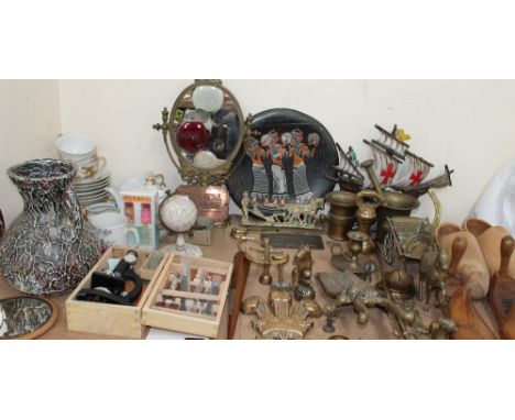 A Japanese part tea service together with a microscope, brass dressing table mirror, other brass wares, brass weight, pestle 