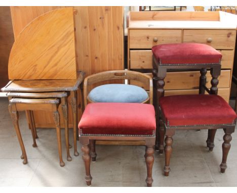 An oak stool together with a corner shelf, bar stool, nest of tables and two low stools