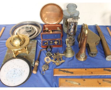 A Stern lamp together with a brass bugle with Ontario regiment badge, Thomas and Williams miners lamp, hygrometer, pocket com