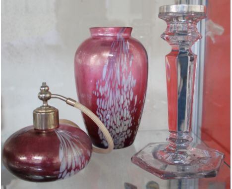 A Royal Brierley glass vase and scent bottle together with a glass candlestick