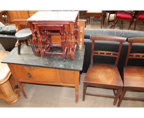 An oak gate leg dining table together with a pair of 19th century oak ball back dining chairs, a marble topped washstand, nes