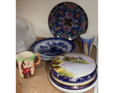 Three Dillwyn Flo blue plates together with a Noritake bowl and cover, a mug and a jug