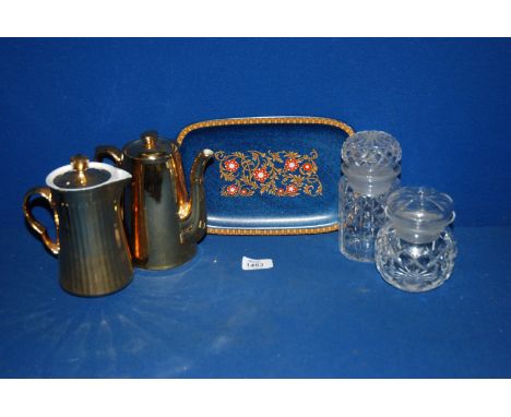 A Royal Worcester gilt Coffee Pot and Water Jug, a Denby style rectangular Plate and two glass Pickle Jars.