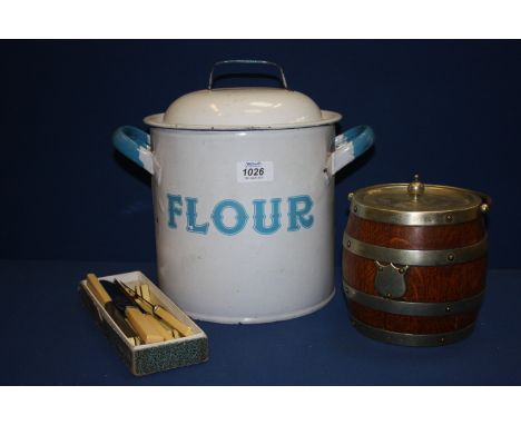 An enamel flour bin, wooden biscuit barrel and six bone handled knives.
