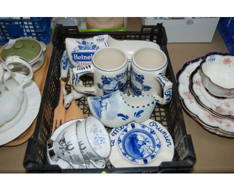 A quantity of china including Delft Lager Clog, two tankards, salad servers, Silver Wedding cups and saucers, etc.