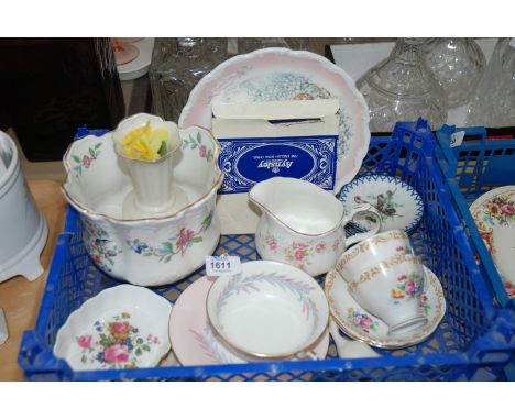 A quantity of china to include an Aynsley 'Pembroke' flower pot, a Duchess 'June Bouquet' milk jug, a Minton twin handle cup 