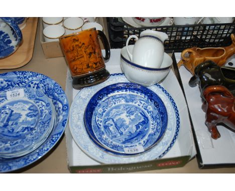 An Arthur Woods Hunting Tankard, a Spode saucer, three willow tea plates (one a/f), Alfred Meakin dinner plate, etc.